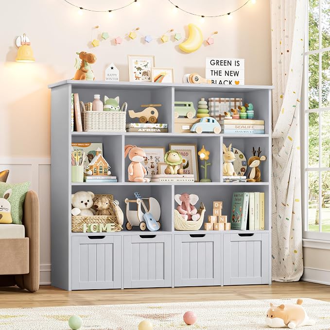 Toy Storage Organizer with Movable Drawer Toy Organizer for Kids | Kids Bookshelf and Toy Chest Storage with Hidden Wheels, Toy Organizers and Toy Storage for Playroom, Gray - Image 4