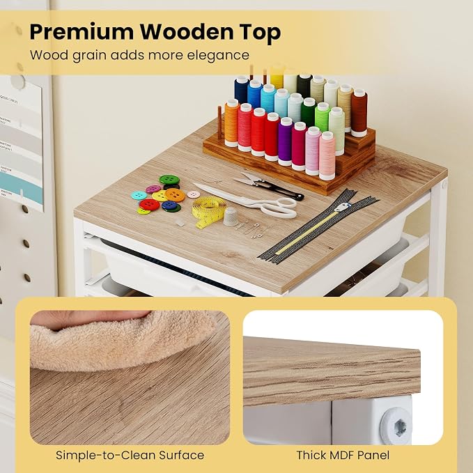 GOFLAME 10-Drawer Rolling Storage Cart, Craft Storage Cart with Wooden Tabletop and Lockable Wheels, Art Cart Supply Storage Organizer with Metal Frame for Home Office Classroom, White - Image 5