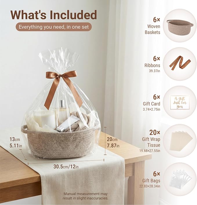 VIRETH HAUS 6pcs Small Woven Baskets with Gift Bags, Ribbons & Wrap Papers | Gift Baskets Empty to Fill for Valentines, Baby Shower, Easter, Christmas Day, Decorative Storage Bins for Toys & Home - Image 2