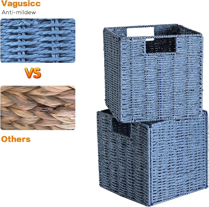 Wicker Storage Basket, Set of 2 Hand-Woven Storage Baskets for Shelves with Handles, Foldable Cube Storage Bins Organizer, Blue 13x13 Inch Large Wicker Baskets for Pantry Bedroom Decor, Blue - Image 2
