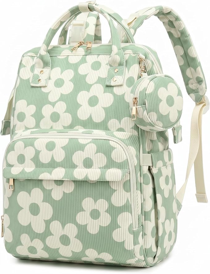 Baby Diaper Bag Backpacks for Mom Dad, Corduroy Large Capacity Multifunction Nappy Bag with Pacifier Case, Baby Travel Essentials Diaper Backpack for Boys Girls - Large Flowers Green by Unknown