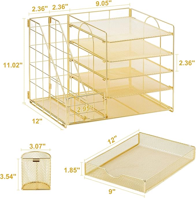 Marbrasse Desk Organizer with File Holder, 5-Tier Paper Letter Tray Organizer with Drawer and 2 Pen Holder, Mesh Desktop Organizer and Storage with Magazine Holder for Office Supplies (Gold 2p) - Image 6