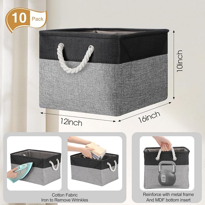 FoldTier 10 Pack Large Collapsible Fabric Storage Baskets with Handles Decorative Storage Bins for Organizing Shelves Toys Clothes(Black & Gray,16 x 12 x 10 Inches) - Image 2