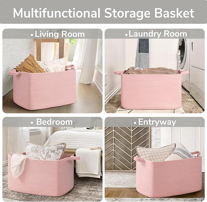 Goodpick Large Woven Rope Blanket Basket, Rectangle, Pink, 75L | 21.6'' x 14.9'' x 11.8'' Storage Basket for Toys & Blankets, Living Room, Bedroom & Nursery Organization, Reinforced Handles - Image 4