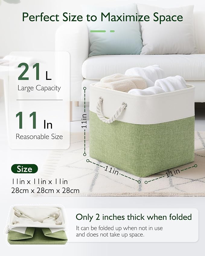 Patvingot 11-Inch Fabric Cube Storage Bins with Handles,6 Pack,Foldable | For cube shelves and closets,keeps grouped for everyday access,reinforced opening and fold-flat storage,white and green - Image 2