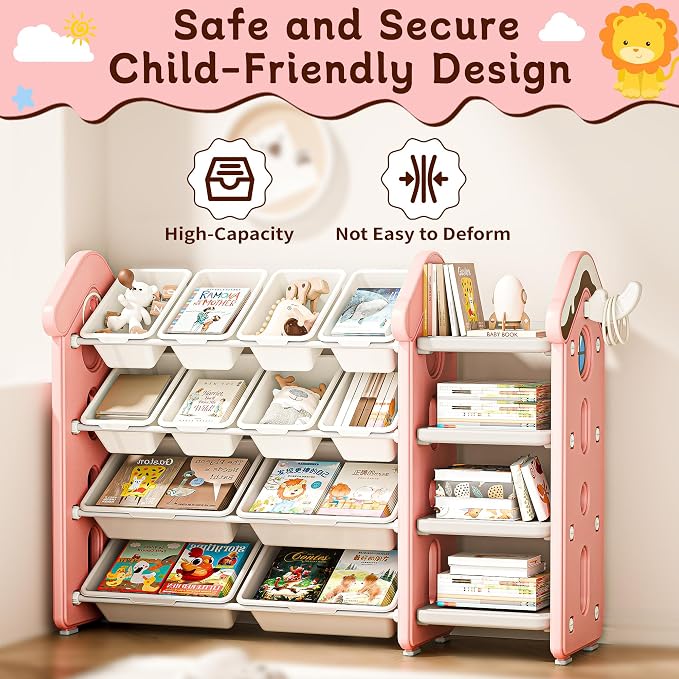 Pipleo Kids Toy Storage Organizer with 12 Removable Bins, Toy Organizers and Storage with 4-Tier Bookshelf for Kids Toy Storage Organizer (Pink) - Image 3