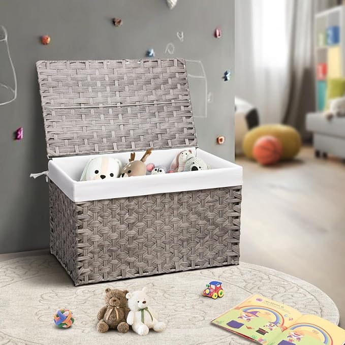 Wicker Storage Basket with Lid, 42.3 Gallon (160L) Large Blanket Basket with Lid, Woven Storage Bin with Handles, Removable Liner, Metal Frame, Foldable, for Bedroom, Laundry Room, Grey - Image 2