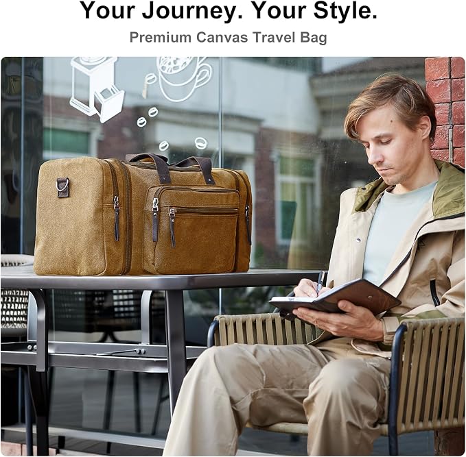 EKOROMIER Large Canvas Duffle Bag for Travel, Expandable 55L Weekender bags | Features Luggage Trolley Sleeve, Multi-Pockets for Traveling, Overnight Airplane Carry-On Bag for Men & Women - Camel Brown - Image 3