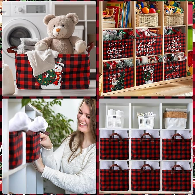 CHENGU 6 Pack Christmas Storage Basket Collapsible Christmas Basket for Gifts Buffalo Plaid Holiday Decor Large Snowman Bin Foldable Xmas Tree Box with Handle for Bedroom Office Home - Image 5