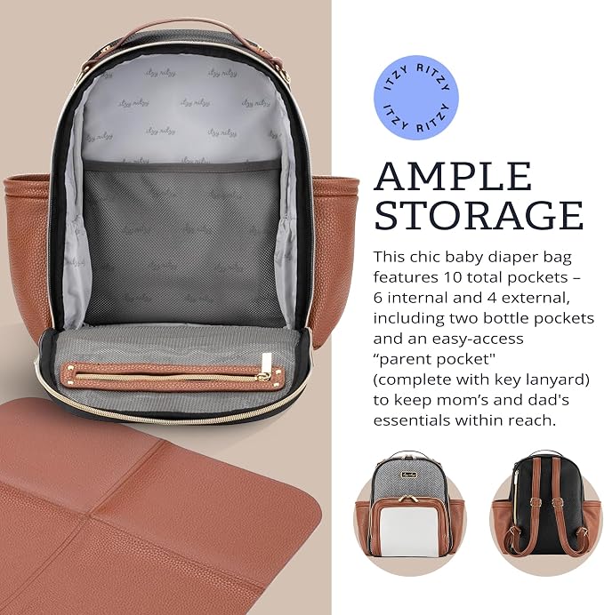 Itzy Ritzy Mini Diaper Bag Backpack 10 Pockets Changing Pad, Coffee & Cream | Chic Mini Plus Diaper Bag with 2 Insulated Bottle Pockets, Key Lanyard, Wipeable Changing Pad, Grab-Top Handle & Rubber Feet - Image 5