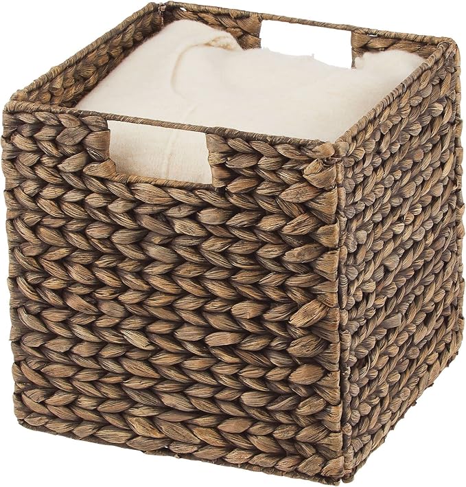 mDesign Natural Woven Hyacinth Cube Organizer Basket with Handles, Storage for Bathroom, Laundry Room Shelf or Nursery - Perfect for Cubby Storage Units - Hold Blankets and Books - 2 Pack, Brown Wash - Image 8