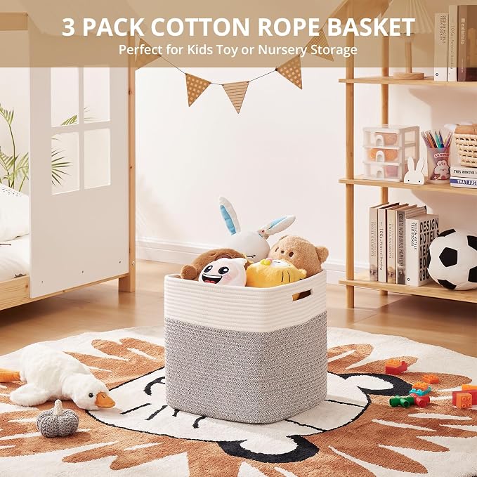 OIAHOMY 13 Inch Cube Storage Bins, 3-Pack Cotton Rope Woven Baskets for Organizing, Insert Storage Baskets for Shelves, Baby Nursery, Closet Organizer, 13 * 13 * 12.6IN, Grey & White - Image 4