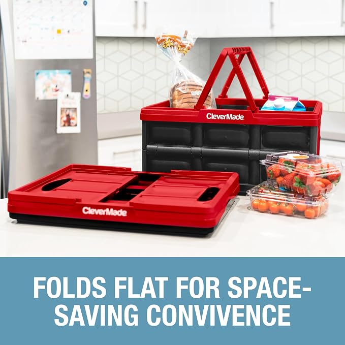 CleverMade Collapsible Shopping Basket, 32L Storage Crate, 1 Pack, Red | Carry Bigger Grocery Hauls with Confidence | Rigid Walls Hold 35 lb, While Top and Side Handles Balance the Load - Image 3