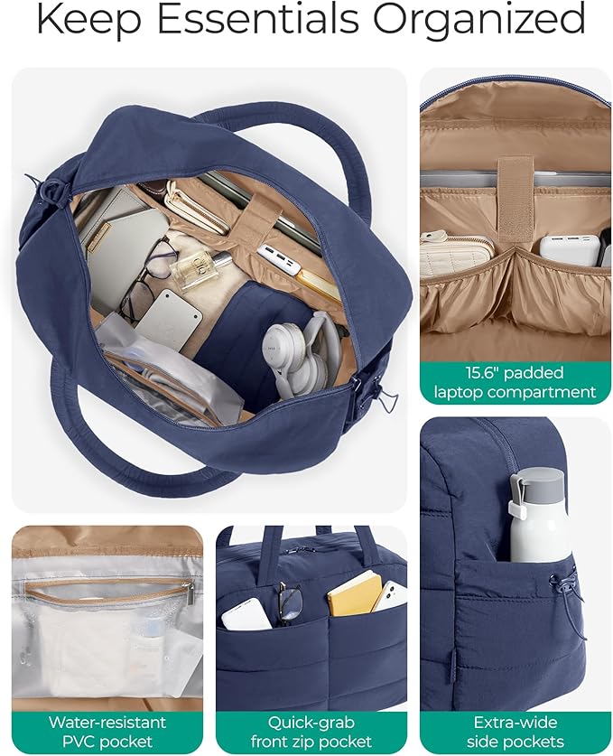 BAGSMART Gym Bag for Women, Lightweight Puffer Duffle Bag 2-PC Travel Bag, 31L Weekender Overnight Bag Quilted Carry On Tote Bag, Diaper Hospital Dance Bag for Travel, Gym, Water Resistant, Navy Blue - Image 4