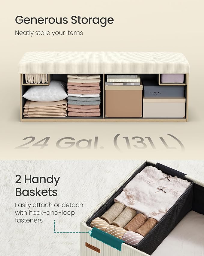 SONGMICS MAZIE Collection - Storage Ottoman Bench, Foldable Foot Rest, 15 x 43 x 15 Inches, End of Bed Bench, Storage Chest, Load 660 lb, Living Room, Bedroom, Entryway, Cream White ULSF604W01 - Image 6