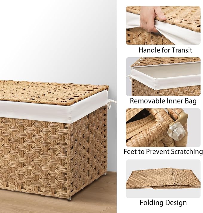 Wicker Storage Basket with Lid, 52.8 Gallon (200L) Large Blanket Basket with Lid, Woven Storage Bin with Handles, Removable Liner, Metal Frame, Foldable, for Bedroom, Laundry Room, Natural - Image 4