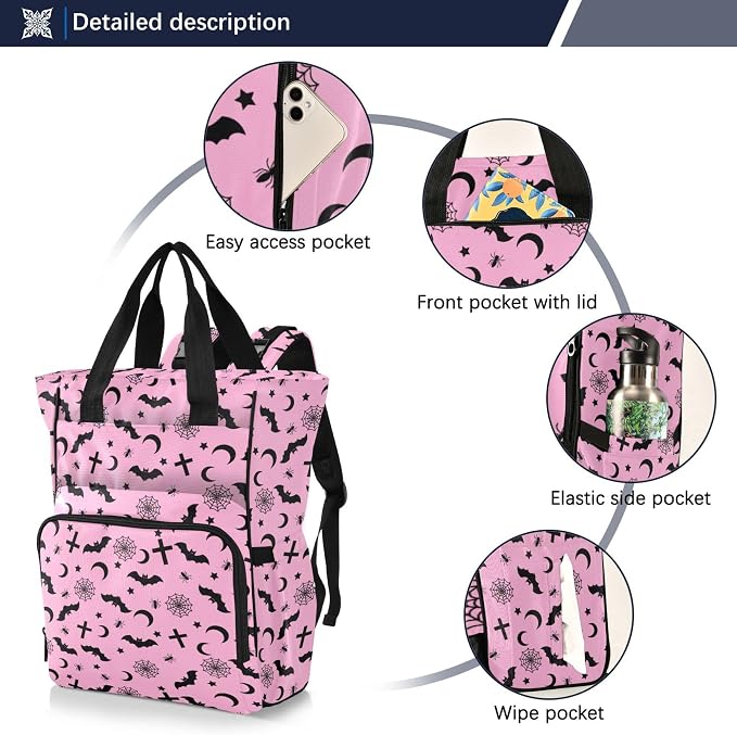Mnsruu Diaper Bag Pink Goth with Bats Large Changing Backpack Multifunction Travel Tote Mommy Bag Baby Diaper Backpack for Mom Dad - Image 2