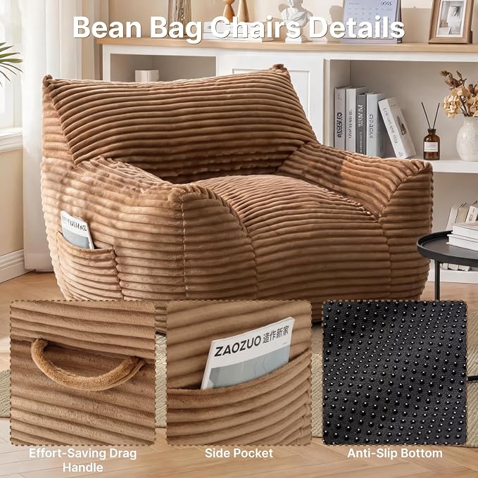 Bean Bag Chair for Adults & Kids, Giant Bean Bag Sofa with Side Pocket, Corduroy Beanbag Chair with Armrests, Comfy Stuffed Floor Sofa for Living Room Bedroom Dorm, Brown - Image 6