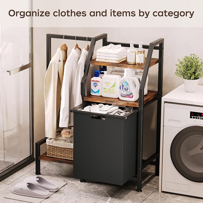Laundry Hamper with Hanging Rack and 3 Shelves, Large Laundry Storage Basket, 3-in-1 Vertical Laundry Sorter, Laundry Room Organizer Storage for Small Spaces - Image 4