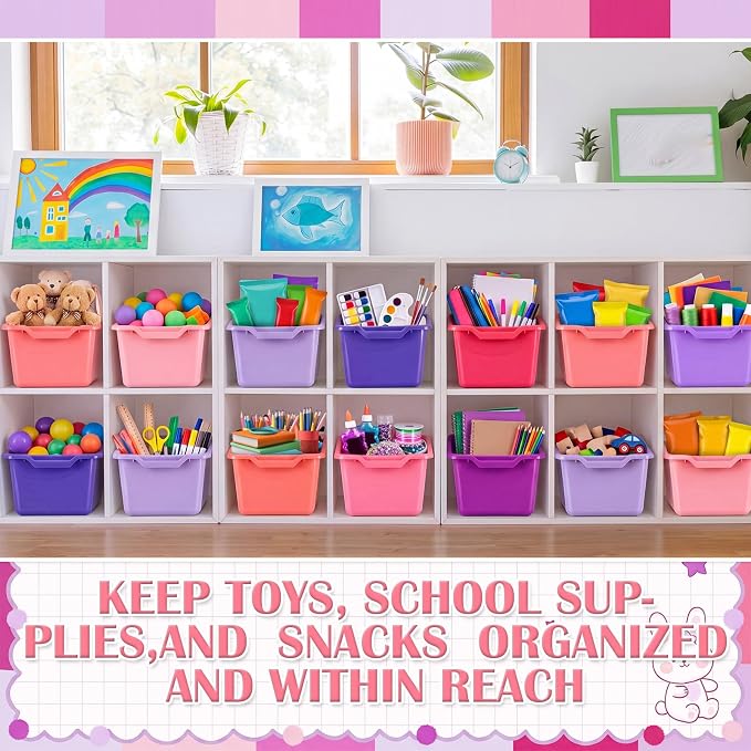 32 Pcs Cubby Bins for Classroom Plastic Book Bins,Pink Series | Storage Bins for Classroom Library, Plastic Stackable Toy Tubs Containers for School Office Home Nursery Playroom - Image 4