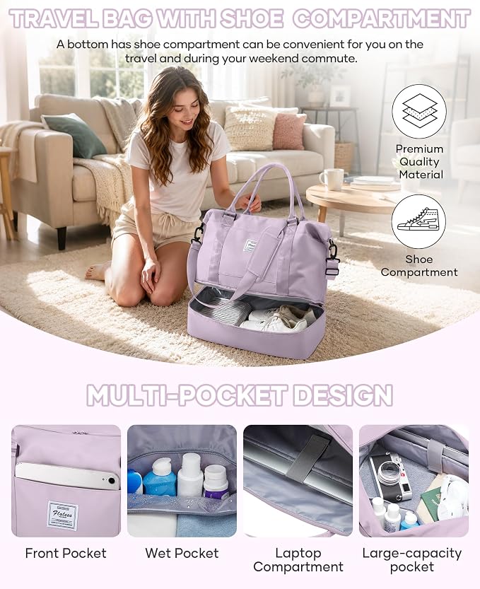Travel Duffel Weekender Bag Women Tote Carry On Bags With Shoe Compartment | 18x14x8 inches Travel Overnight Bags with Trolley Sleeve for Airplanes Waterproof Sport Tote Gym with Toiletry Bag Purple.. - Image 6