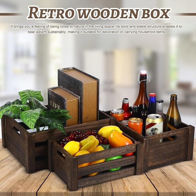 Barydat Set of 5 Wood Crates for Display Decorative Nesting Wooden Crate Storage with Handles Vintage Farmhouse Style Decorative Boxes Multipurpose Fruits Vegetables Boxes(Dusty Brown,Rustic) - Image 2