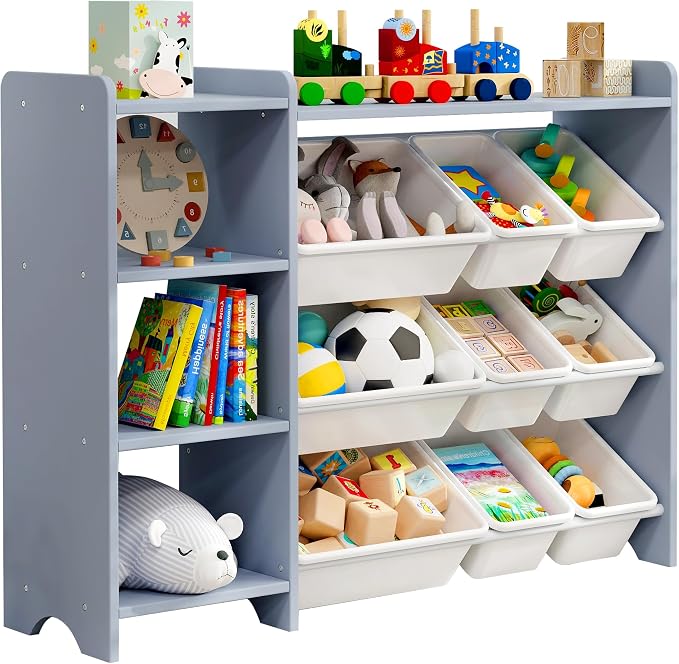 MallBest Kids Toy Storage Organizer with Bins, Solid Pine Wood Frame Toy Storage Cabinet and Kids Bookshelf, 3-Tier Playroom Organizer for Kids Room, Nursery and Bedroom,Grey-Single by MallBest