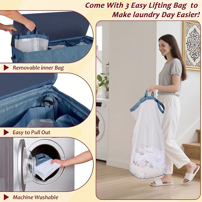 195L Laundry Hamper 3 Section,Large Laundry Hamper with Lid,Dirty Clothes Hamper with 3 Inner Bags,Collapsible Laundry Basket Organizer for Laundry Room,Bedroom,Laundry Sorter Hamper 3 Compartment - Image 5