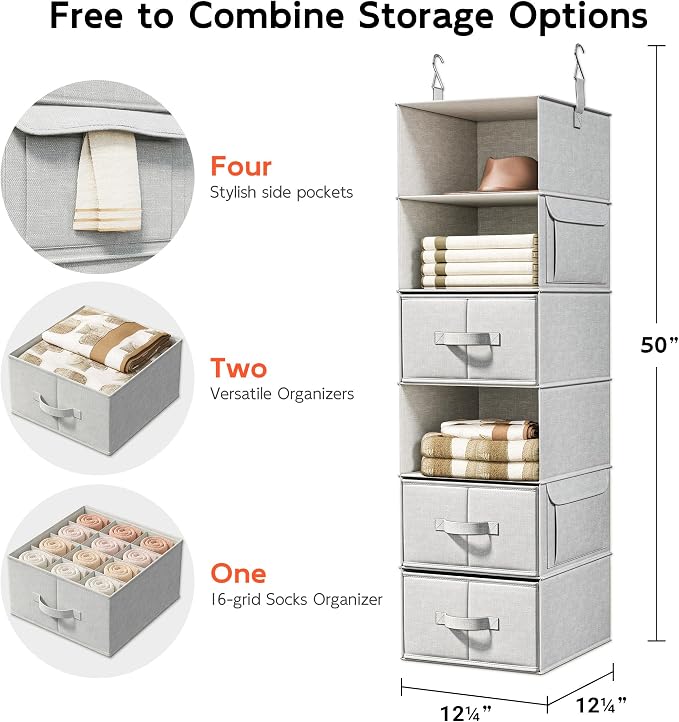 6-Shelf Hanging Closet Organizer with 3 Fabric Drawers, Silver Gray | Removable Fabric Drawers, Side Pockets, Reinforced Structure, Space-Saving Storage for Clothes, Nursery and Dorm Rooms - Image 3