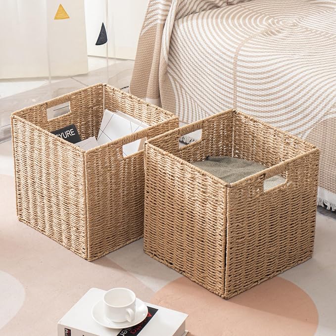 Foldable Square Baskets Set of 4, Paper Woven Storage Cube Bins with Handles for Shelves Cubby Organizing (Natural, 13'' x 13'' x 13'') - Image 5