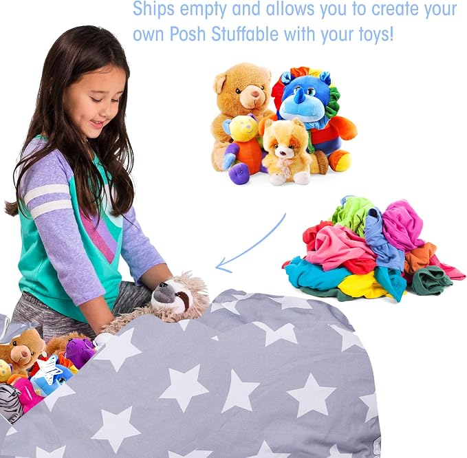 Posh Creations Kids Stuffed Animal Storage Bean Bag Chair Cover - Childrens Toy Organizer, X-Large-48in, Canvas White Stars on Gray - Image 3