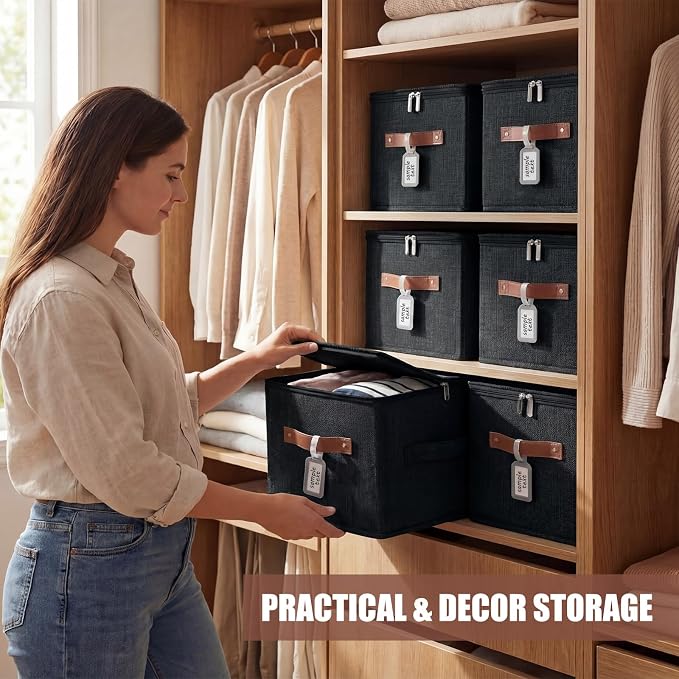 6 Pack Fabric Closet Storage Bins with Zipper Lids and Label, 15x10x10In Large Size Foldable Cotton Linen Storage Cubes Boxes with PU Leather Handles Holder for Bedroom, Shelf, Nursery, Black - Image 6