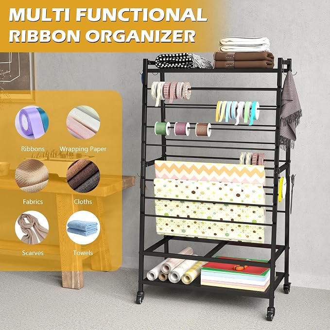 lukar Ribbon Holder, Rolling Ribbon Storage Organizer Rack for Craft Room | 16 Tier Metal Ribbon Holder Organizer Rack, Christmas Ribbon Storage Rack for Home Flower Shops - Image 5