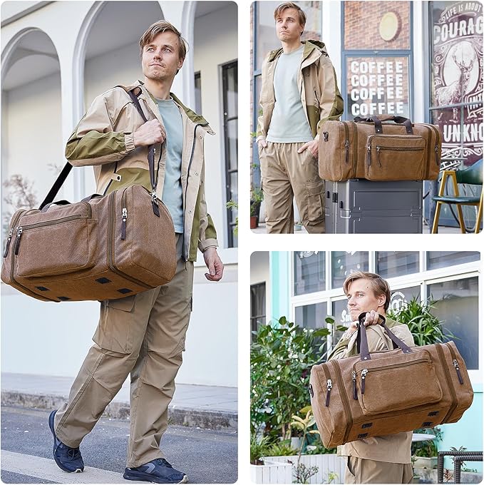 EKOROMIER Large Canvas Duffle Bag for Travel, Expandable 55L Weekender bags | Features Luggage Trolley Sleeve, Multi-Pockets for Traveling, Overnight Airplane Carry-On Bag for Men & Women - Coffee - Image 2