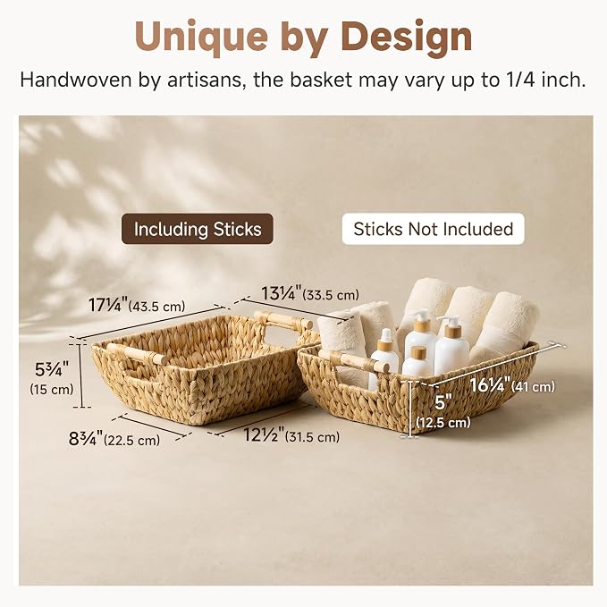 StorageWorks Hand-Woven Storage Baskets with Wooden Handles, Water Hyacinth Wicker Baskets for Organizing, 2 Pack | Wicker Storage Baskets for Shelves, Baskets with Wooden Handles, 2-Pack Gifts Basket for Home Decor, Hand-Woven Basket - Image 3
