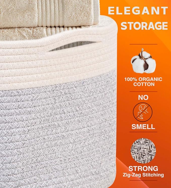 CHAT BLANC Cotton Rope Baskets for Organizing | Storage Baskets for Shelves | Rope Basket for Storage, Small Laundry Baskets, Woven Baskets for Storage, Dog Toy Bin, Baby Basket,Off White &Gray 3 Pack - Image 2