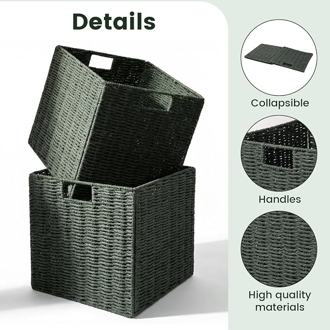 Set of 2 Hand-Woven Paper Rope Wicker Baskets, Storage Basket, Foldable Cube Storage Bins, Green Storage Cubes, Square Baskets for Organizing Shelves, 12x12x12in - Image 2