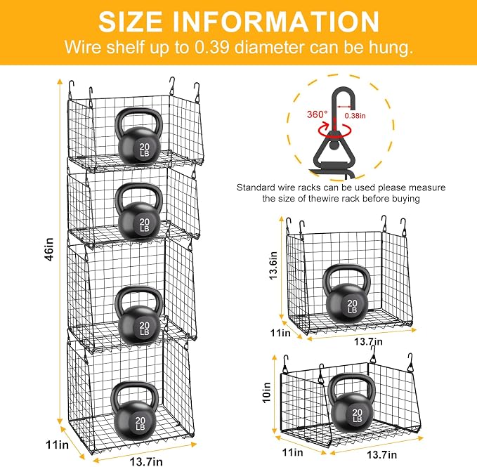 4-Pack Hanging Laundry Room Organizer：Foldable Laundry Room Organizaton Wire Basket with 360°Rotating Hooks Space Saving Over Washer and Dryer Shelves - Metal Laundry Basket Storage, Black Patent - Image 6