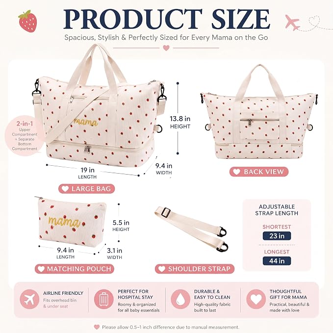 Dansydaisy Strawberry Mama Hospital Bag for Women Labor Delivery Travel Duffle Bag with Shoe Compartment Toiletry Pouch Waterproof Letter Embroidered for Pregnancy Weekender Overnight Gym Gift, Beige - Image 3