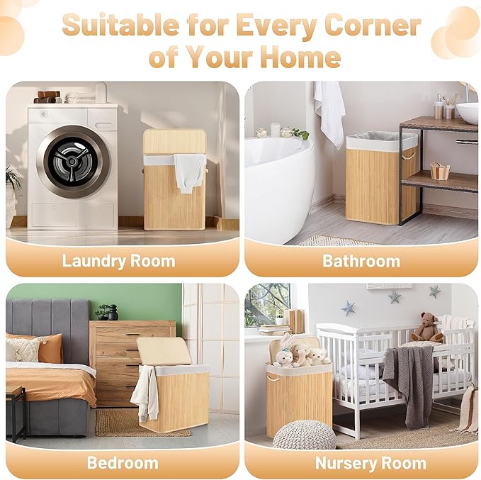 Aliphon 150L Laundry Hamper with lid, 3-Section Clothes Laundry Basket with Handles, Large Collapsible Bamboo Baskets for Bedroom, Bathroom, Dorm, Natural Beige - Image 4
