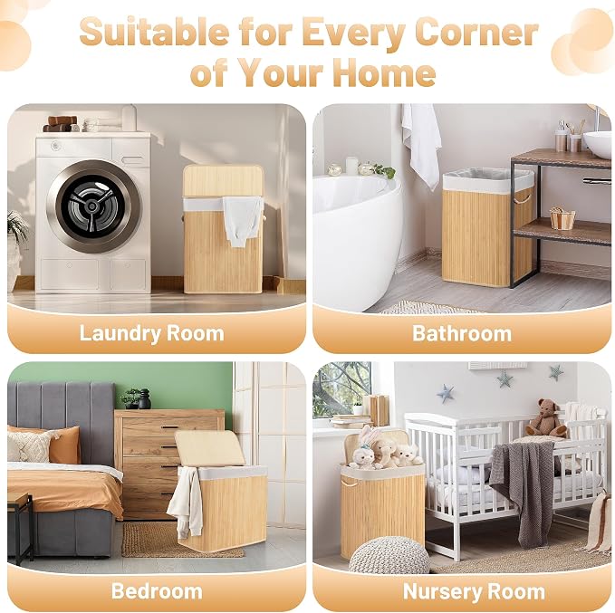 Aliphon 150L Laundry Hamper with lid, 3-Section Clothes Laundry Basket with Handles, Large Collapsible Bamboo Baskets for Bedroom, Bathroom, Dorm, Natural Beige - Image 4