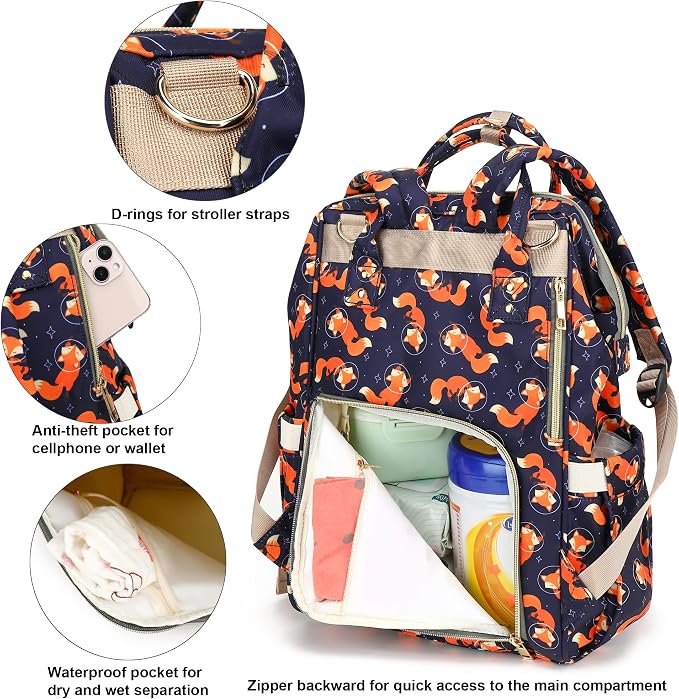 Fox Baby Diaper Bag Backpack for Girls Boys, Waterproof Large Maternity Nappy Bags for Mom - Image 3