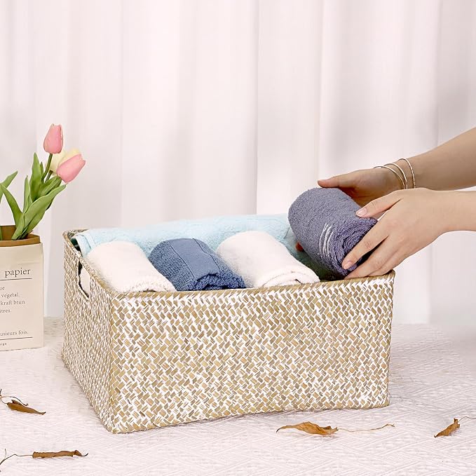 Hipiwe Wicker Storage Basket Bin X-Large Rectangular Opened Baskets Box | Handwoven Seagrass Basket Box with Handle for Shelf Organizing Closet Bathroom, 15.7" L x 11.8" W x 7.5" H - Image 4