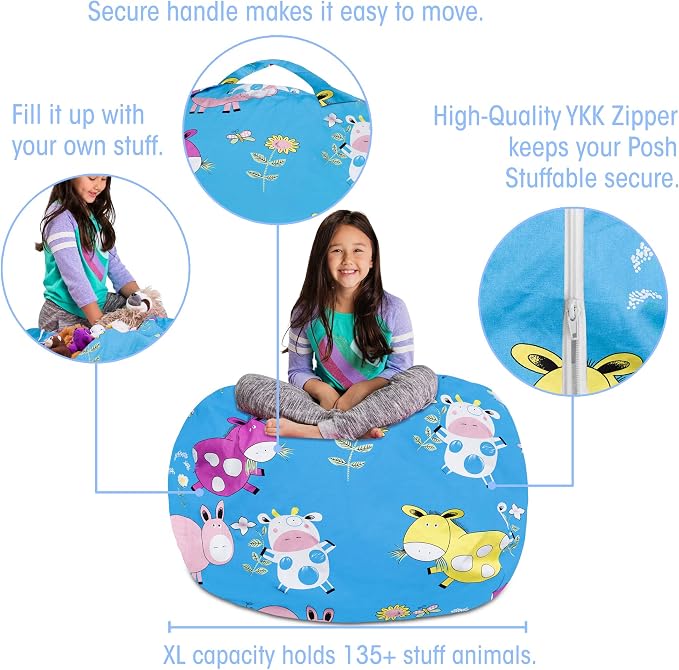 Posh Stuffable Kids Stuffed Animal Storage Bean Bag Chair Cover - Childrens Toy Organizer, X-Large-48 - Canvas Farm Blue - Image 2
