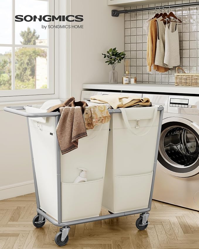 SONGMICS Laundry Basket with Wheels, 2-Section Laundry Sorter, 50.2 Gallons (190 L) Rolling Hamper with Removable Bags, Heavy-Duty Steel Frame, Cream White URLS009W01 - Image 2