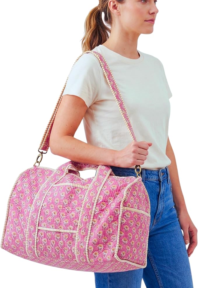 ATOSII Large Duffle Bag, Handblock Print 100% Quilted Cotton for Overnight Trip, Travel Weekender, Luggage, 2 Pockets with Zipper, 1 Front Pocket, Detachable Long Strap, 20 X 10 X 12 Inches, Berry - Image 3