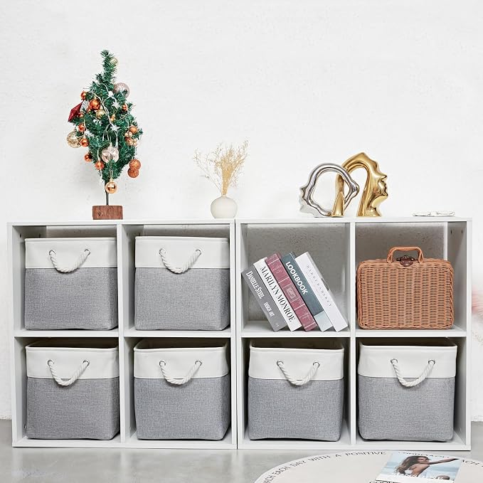 MidmmVick 12 x 12 Inch Cube Storage Bins, 6 Pack Large Collapsible Fabric Storage Bin with Ropes, Foldable Storage Cubes for Home, Office,Closet, Clothes, Toys Organizer (White & Grey) - Image 2