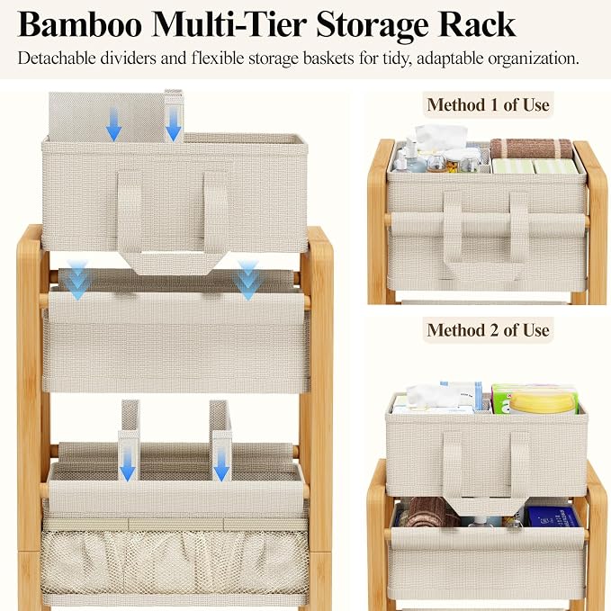 Bamboo Diaper Caddy Cart with Wheels - 3-Tier Rolling Storage，Beige | Removable bins, side pockets, sturdy handle, smooth wheels. For nursery, living room, laundry, pet. Natural bamboo, versatile - Image 5