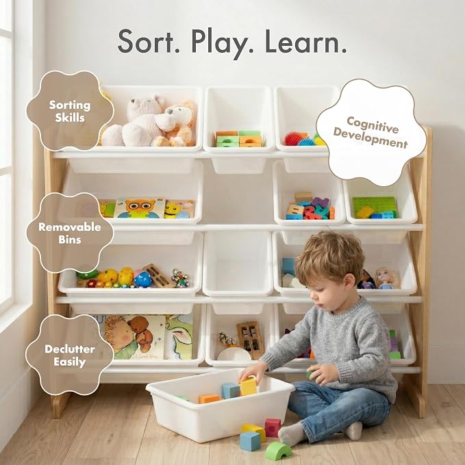 Humble Crew Kids Toy Organizer with 16 Bins, 4 Tier Storage for Playroom | Sturdy wood and steel toddler shelf, removable BPA-free containers, wall anchor anti-tip safety kit for bedroom or classroom - Image 5
