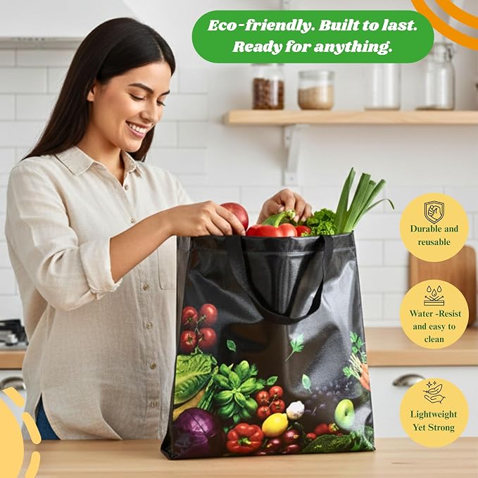 Simply Cool 25 Pack Reusable Grocery Bags, Large Tote Bags Bulk, Black | 13”x12.6”x7.25" Heavy Duty Non-woven Printed Shopping Bags with Handles, Foldable, Washable for Retail and Commercial use - Image 4